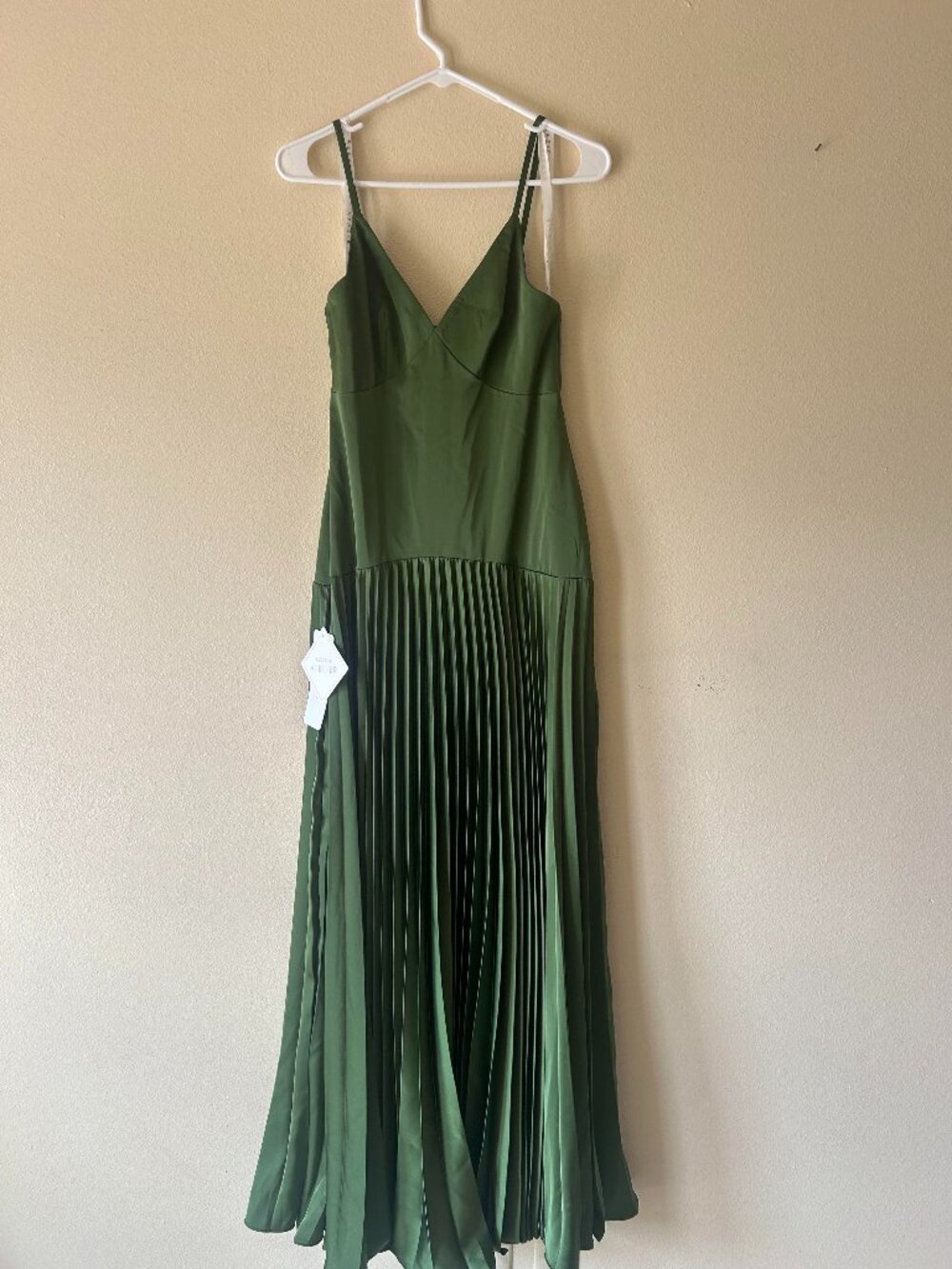 Azazie Atelier Jill Olive Dropped Waist Pleated Satin Maxi Gown